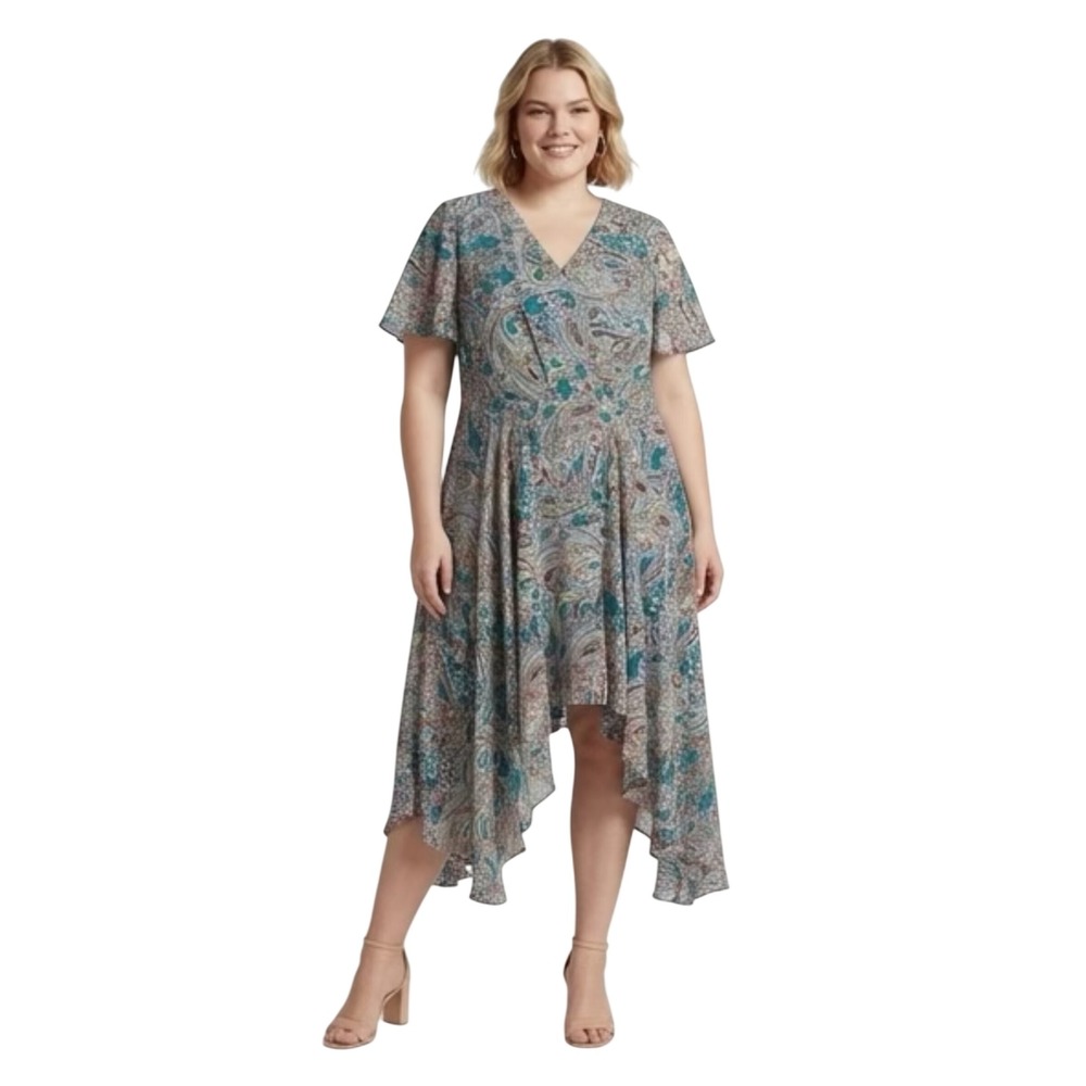 Sharagano Womens Teal Paisley High Low Handkerchief Hem Midi Dress Plus Size 18W